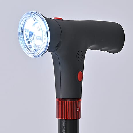 Smart Easy Up Cane (2 Handle) - Adjustable Height (85-97cm) Walking Stick with Light, SOS Alarm & Swivel Base - Black
