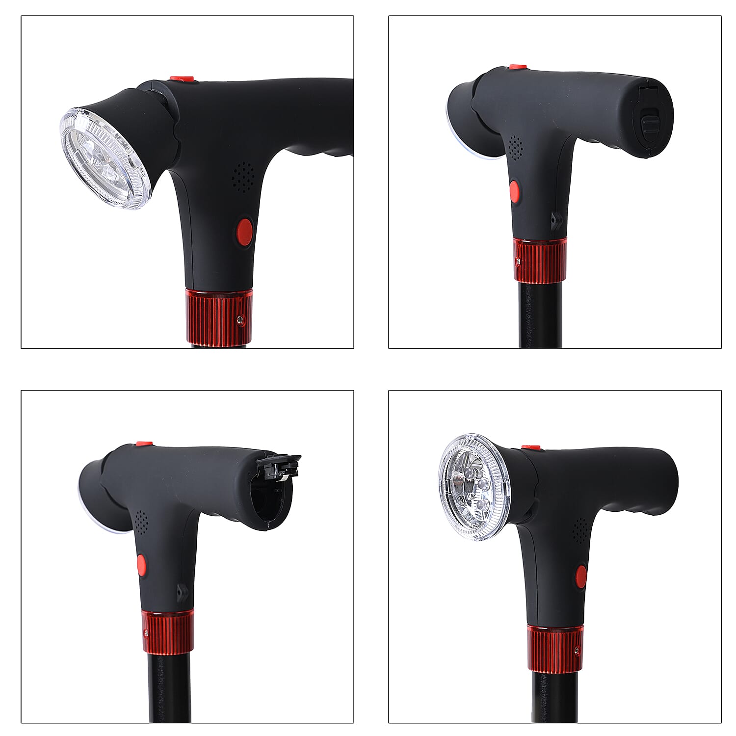 Smart Easy Up Cane (2 Handle) - Adjustable Height (85-97cm) Walking Stick with Light, SOS Alarm - Swivel Base - Black