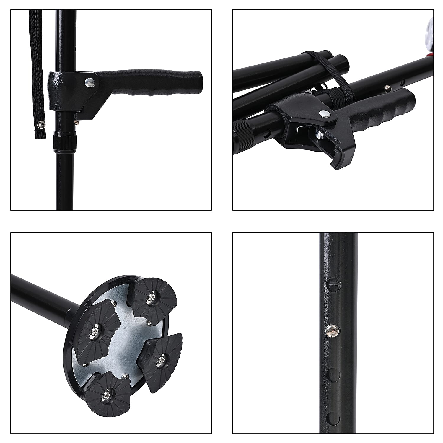 Smart Easy Up Cane (2 Handle) - Adjustable Height (85-97cm) Walking Stick with Light, SOS Alarm - Swivel Base - Black