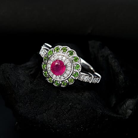 African Ruby, Natural Chrome Diopside & Moissanite Ring in Rhodium Overlay Sterling Silver 1.25 Ct.
