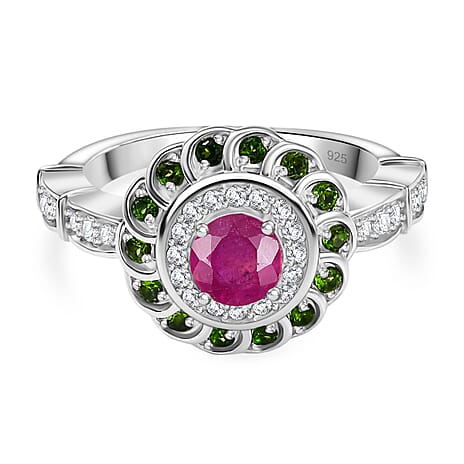 African Ruby, Natural Chrome Diopside & Moissanite Ring in Rhodium Overlay Sterling Silver 1.25 Ct.
