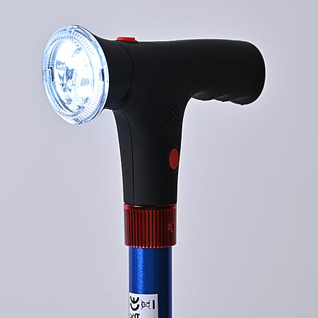 Smart Easy Up Cane (2 Handle) - Adjustable Height (85-97cm) Walking Stick with Light, SOS Alarm & Swivel Base - Blue