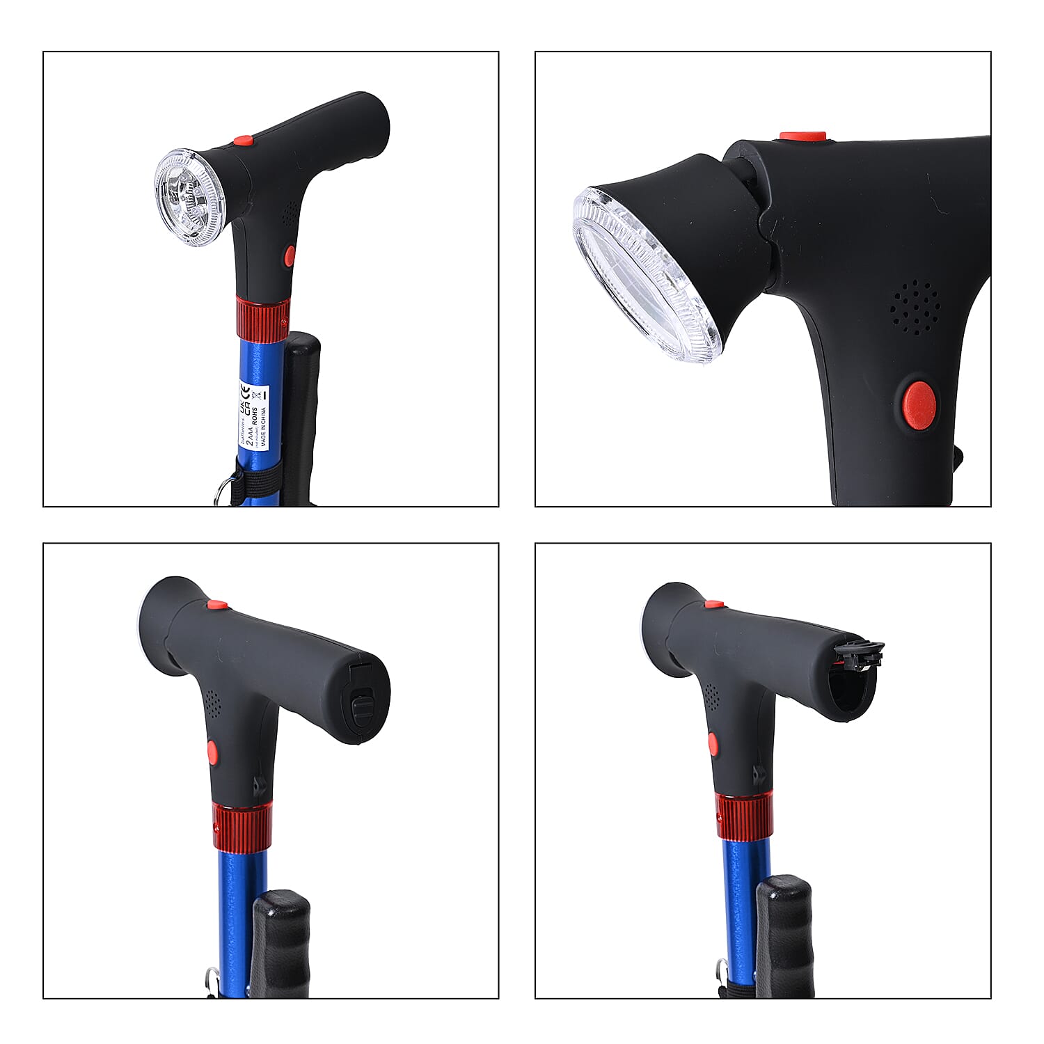 Smart Easy Up Cane (2 Handle) - Adjustable Height (85-97cm) Walking Stick with Light, SOS Alarm & Swivel Base - Blue