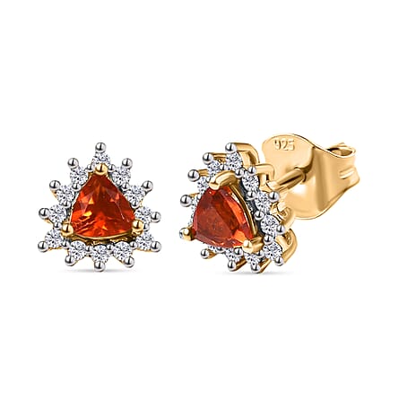 Crimson Fire Opal, White Zircon Solitaire Stud Push Post Earring in 18K YG VermeilSterling Silver  0.560  Ct.