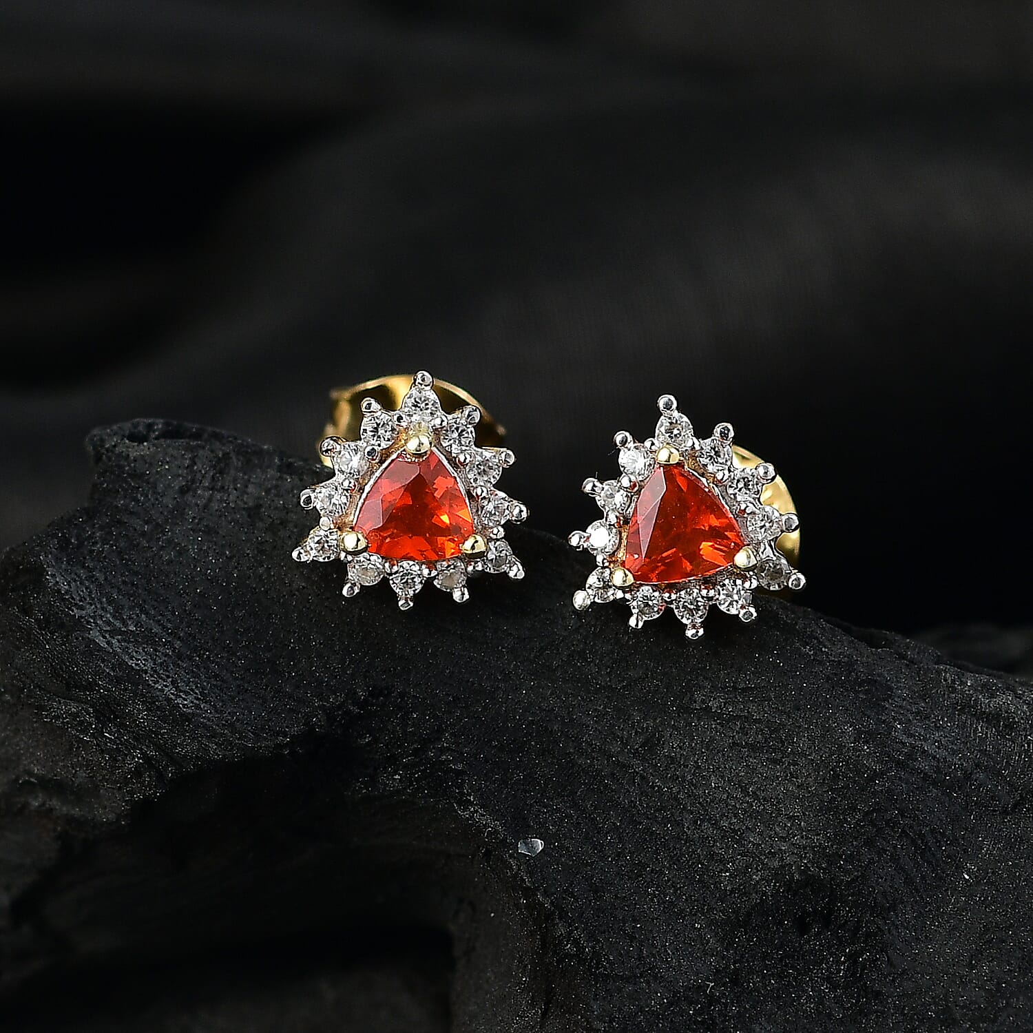 Natural Crimson Fire Opal & White Zircon Sunburst Solitaire Stud Push Post Earring in 18K Vermeil Yellow Gold Plated Sterling Silver  0.56 Ct.