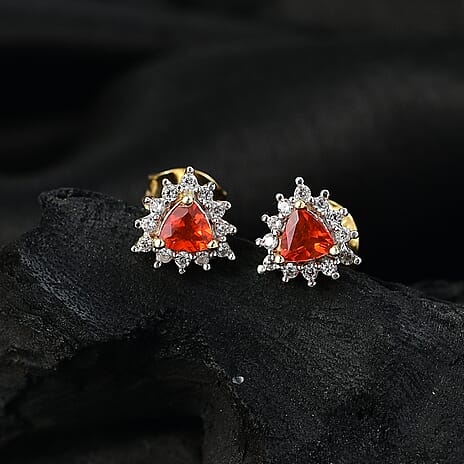 Crimson Fire Opal, White Zircon Solitaire Stud Push Post Earring in 18K YG VermeilSterling Silver  0.560  Ct.