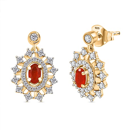 Crimson Fire Opal, White Zircon Dangling Earring in 18K YG VermeilSterling Silver  1.232  Ct.