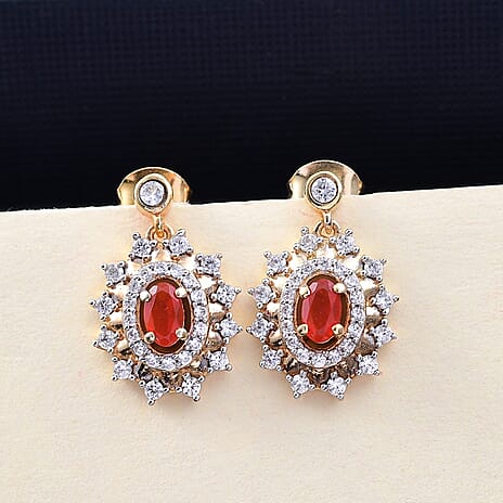 Crimson Fire Opal, White Zircon Dangling Earring in 18K YG VermeilSterling Silver  1.232  Ct.