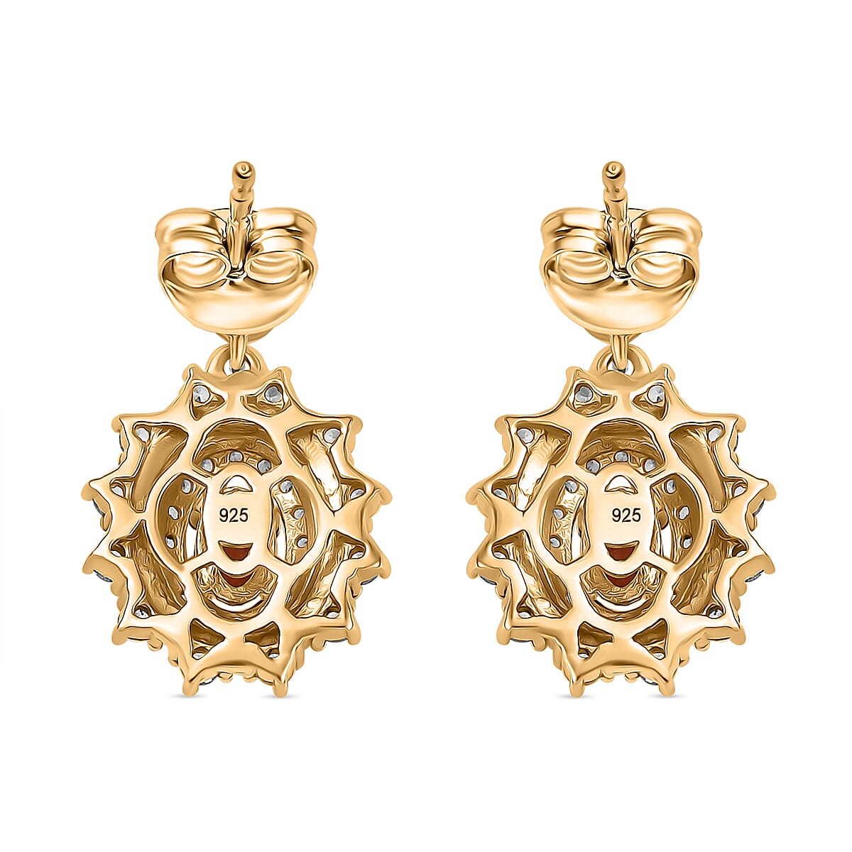 Natural Crimson Fire Opal & White Zircon Daisy Bloom Dangling Earring with Push Back in 18K Vermeil Yellow Gold Plated Sterling Silver 1.23 Ct. Natural Crimson Fire Opal & White Zircon Daisy Bloom Dangling Earring with Push Back in 18K Vermeil Yellow Gold Plated Sterling Silver 1.23 Ct.
