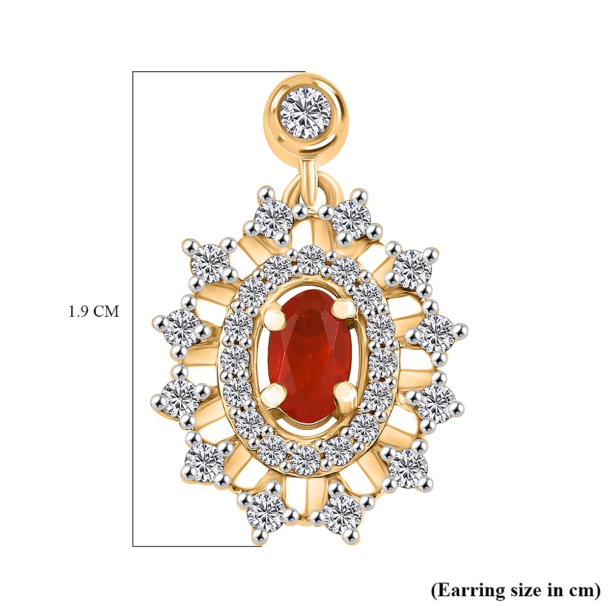Natural Crimson Fire Opal & White Zircon Daisy Bloom Dangling Earring with Push Back in 18K Vermeil Yellow Gold Plated Sterling Silver 1.23 Ct. Natural Crimson Fire Opal & White Zircon Daisy Bloom Dangling Earring with Push Back in 18K Vermeil Yellow Gold Plated Sterling Silver 1.23 Ct.