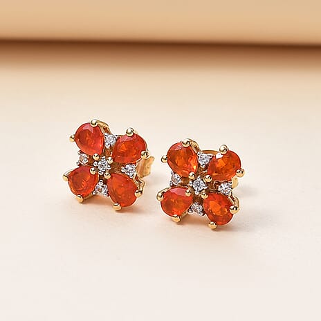 Crimson Fire Opal, White Zircon Fancy Earring in 18K YG VermeilSterling Silver  1.160  Ct.