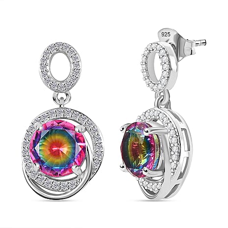 Celestial Saturn Nebula Quartz & White Zircon Dangling Earring with Push Back in Rhodium Overlay Sterling Silver 4.28 Ct.