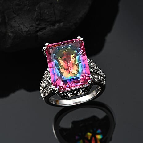 Galaxy Glow Nebula Quartz & White Zircon Ring in Rhodium Overlay Sterling Silver 12.20 Ct.