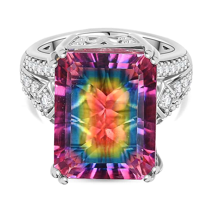 Galaxy Glow Nebula Quartz & White Zircon Ring in Rhodium Overlay Sterling Silver 12.20 Ct.