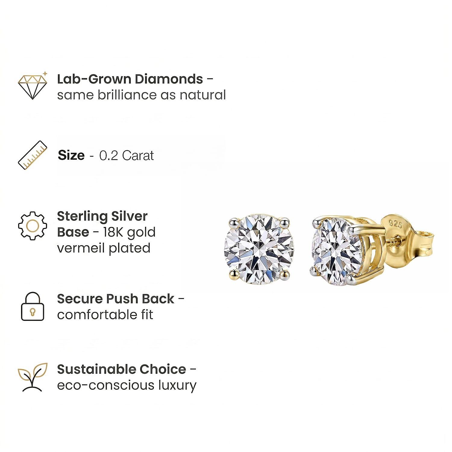 Luxuriant Lab Grown Diamond (SI-GH) Earring with Push Back in 18K Vermeil Yellow Gold Plated Sterling Silver