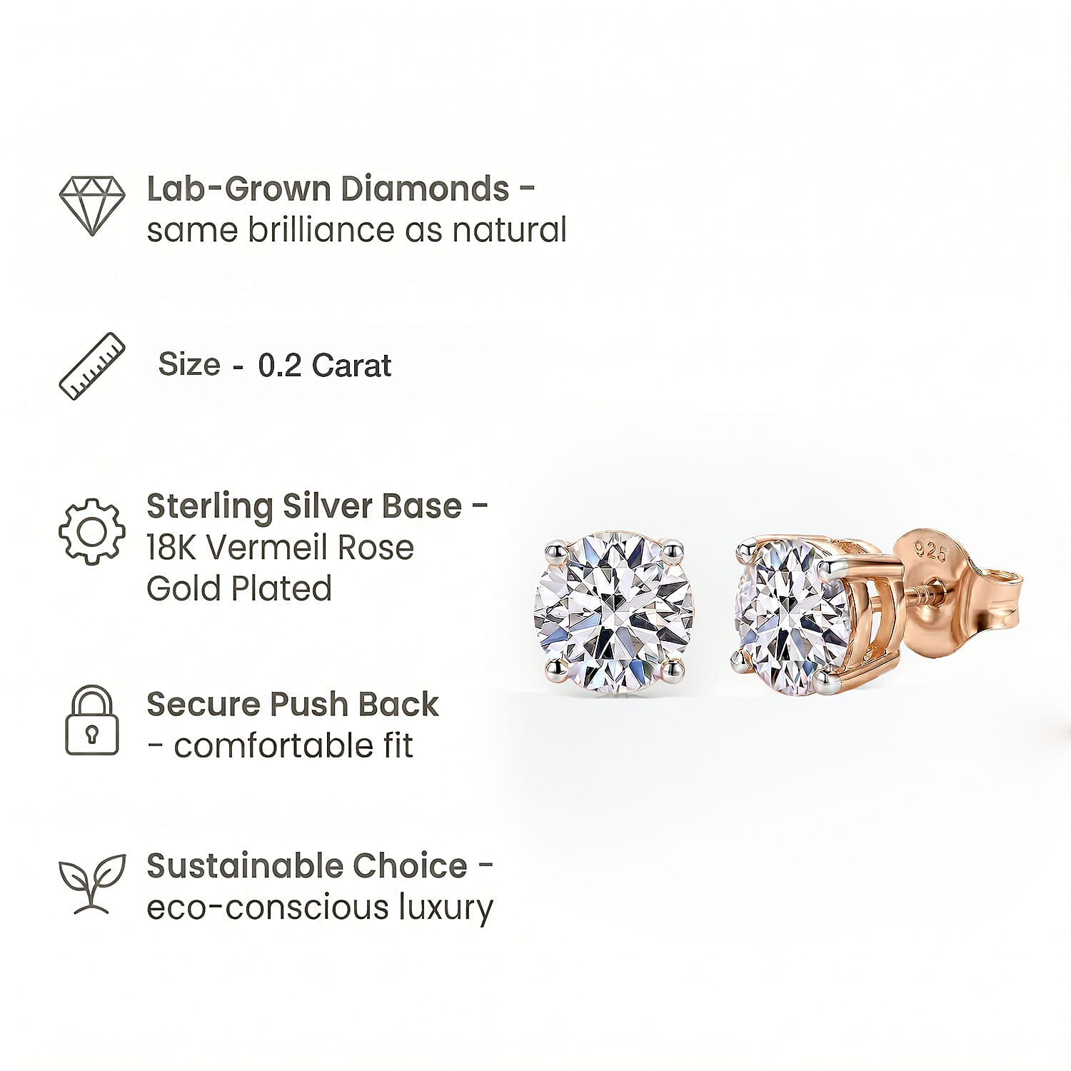 Luxuriant Diamond Lab Grown Diamond (I2-G-H) Earring with Push Back in 18K Vermeil Rose Gold Plated Sterling Silver