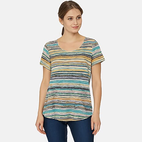 Sugar Crisp Cotton Womens Multi-Stripe Knit Casual Top (Size L) - Orange