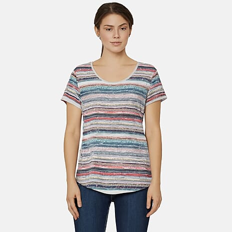 Sugar Crisp Cotton Womens Multi-Stripe Knit Casual Top (Size S) - Coral