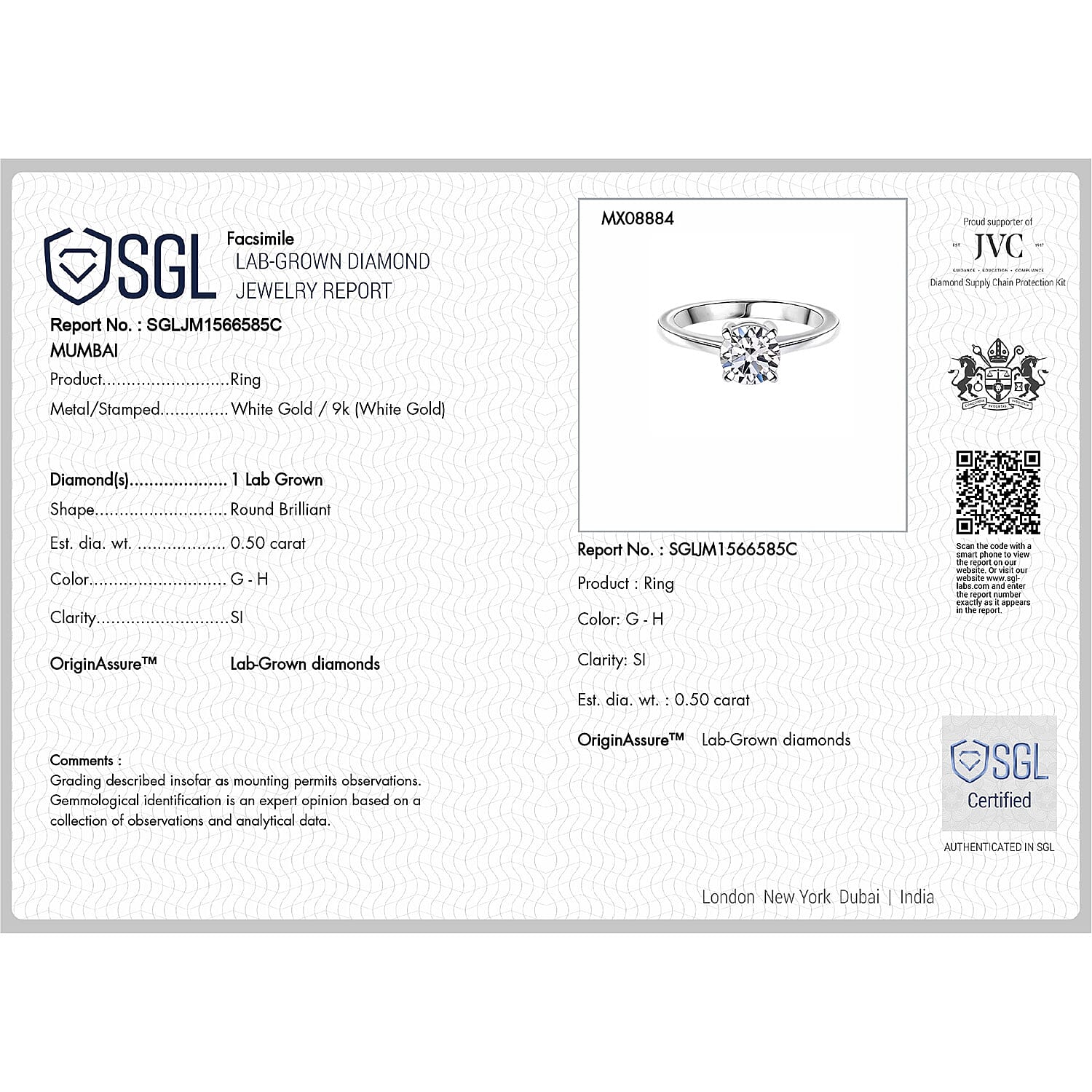 Luxuriant Diamond SGL Certified 9K White Gold (SI-G-H) Lab Grown Diamond Solitaire Ring 0.51 Ct.