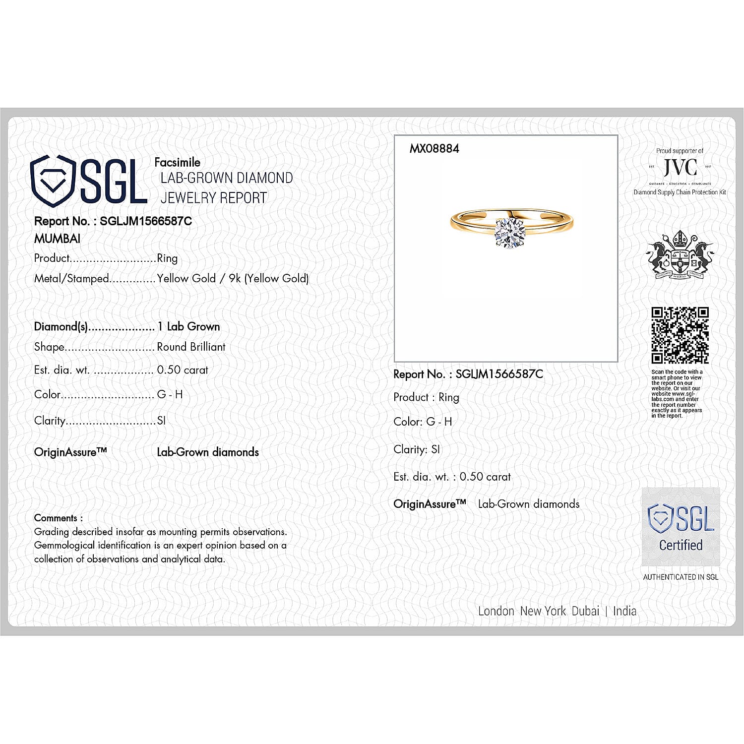 Luxuriant Diamond SGL Certified 9K Yellow Gold (SI-G-H) Lab Grown Diamond Solitaire Ring 0.51 Ct.