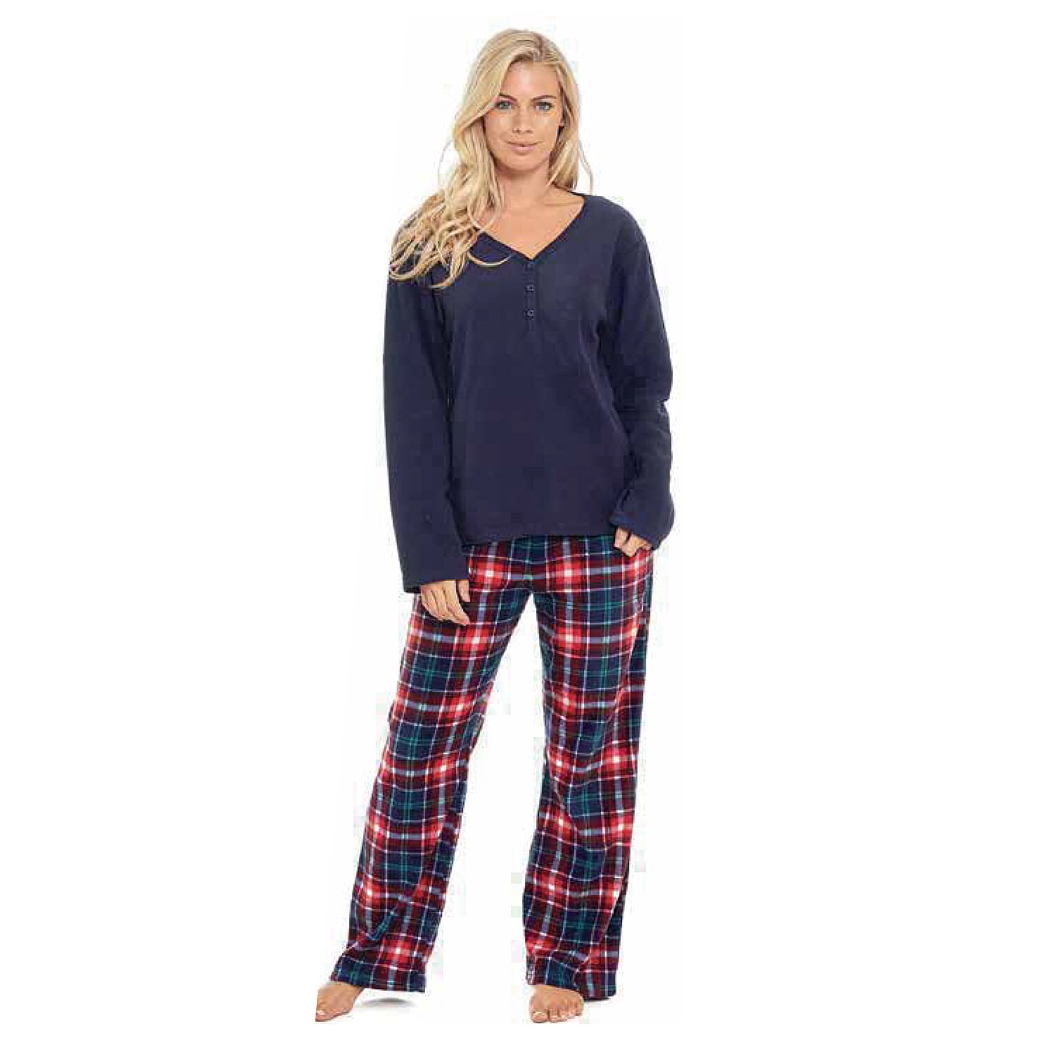 Ladies Fleece V-Neck Top - Printed Check Lounge Pants Set