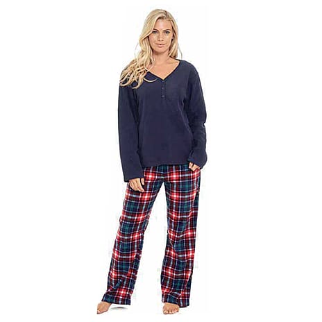 Ladies Fleece V-Neck Top - Printed Check Lounge Pants Set (Size L) - Navy