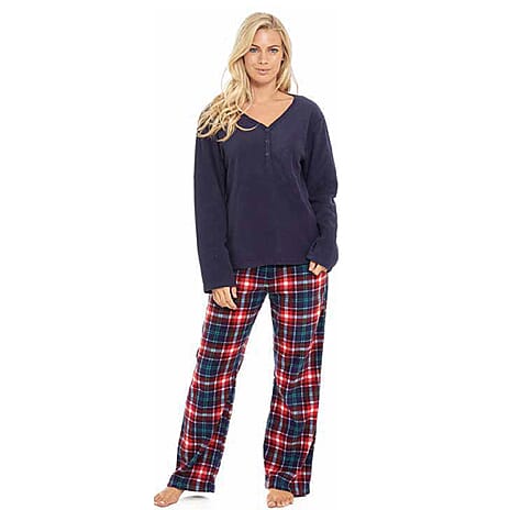 Ladies Fleece V-Neck Top - Printed Check Lounge Pants Set (Size L) - Navy