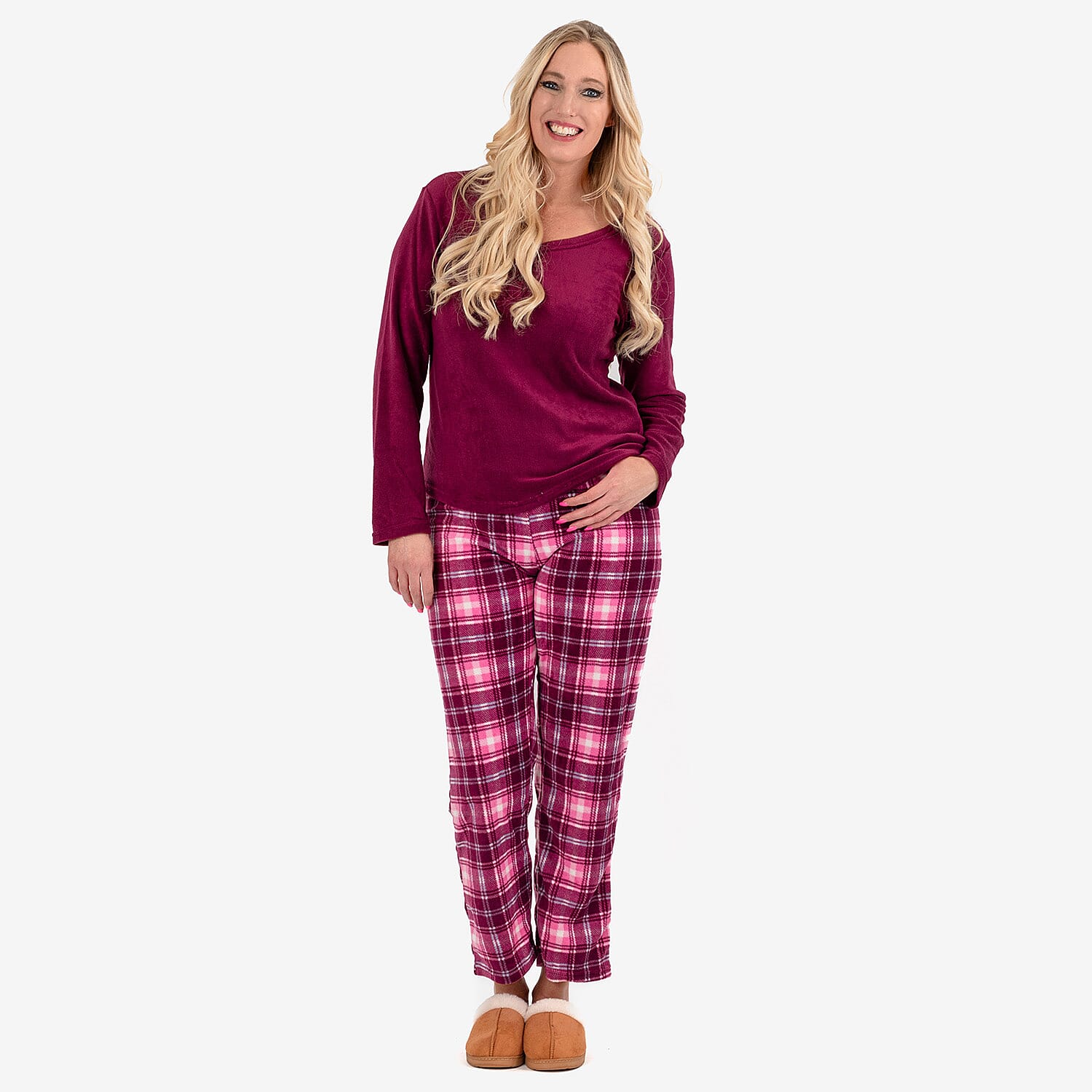 Ladies Fleece V-Nack Top & Printed Check Lounge Pants Set (Size L) - Purple