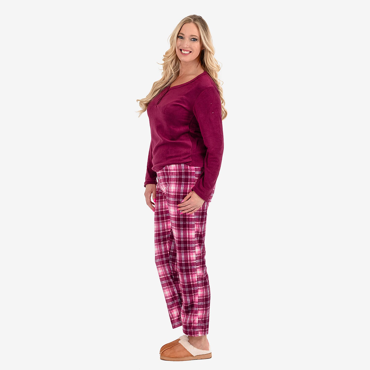 Ladies Fleece V-Nack Top & Printed Check Lounge Pants Set (Size L) - Purple