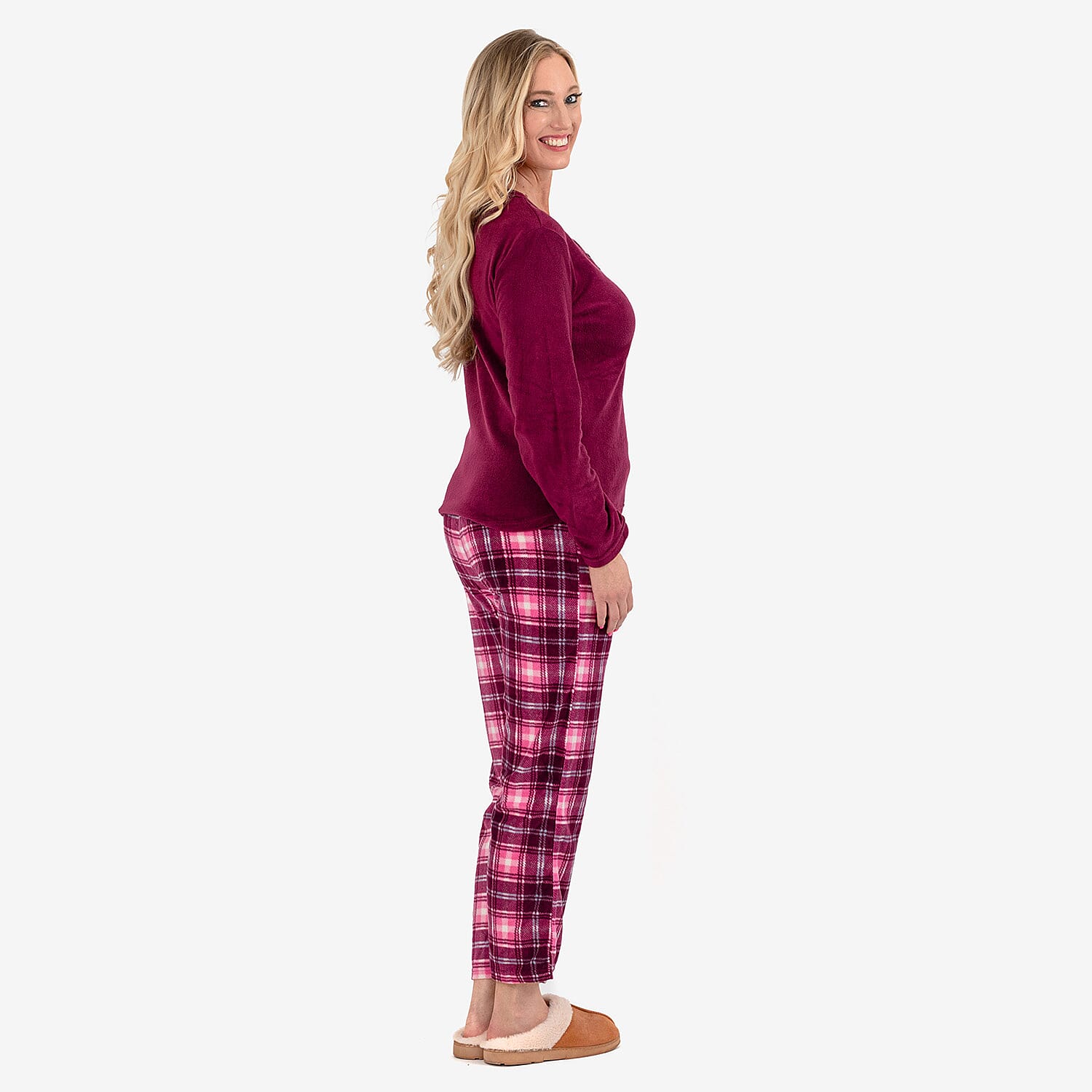 Ladies Fleece V-Nack Top & Printed Check Lounge Pants Set (Size L) - Purple