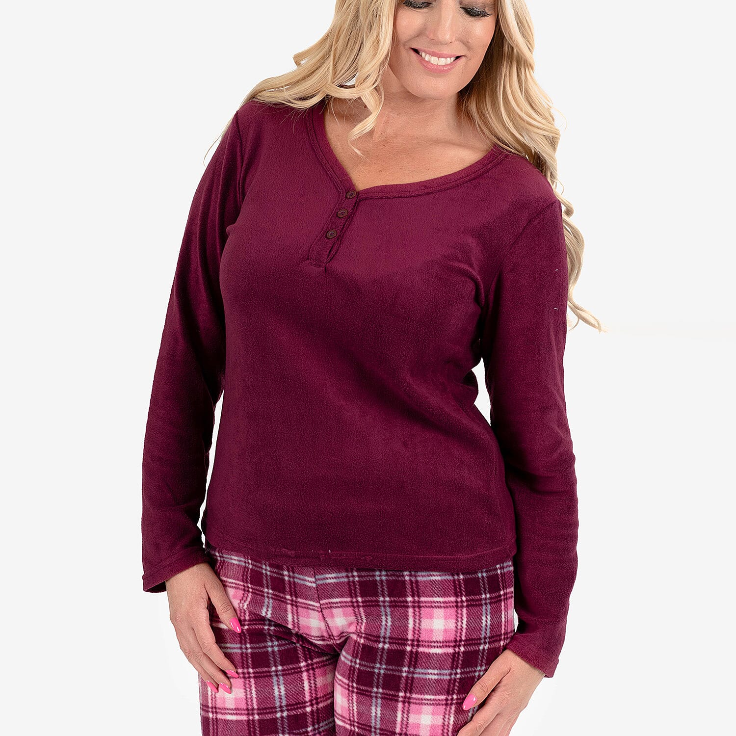 Ladies Fleece V-Nack Top & Printed Check Lounge Pants Set (Size L) - Purple