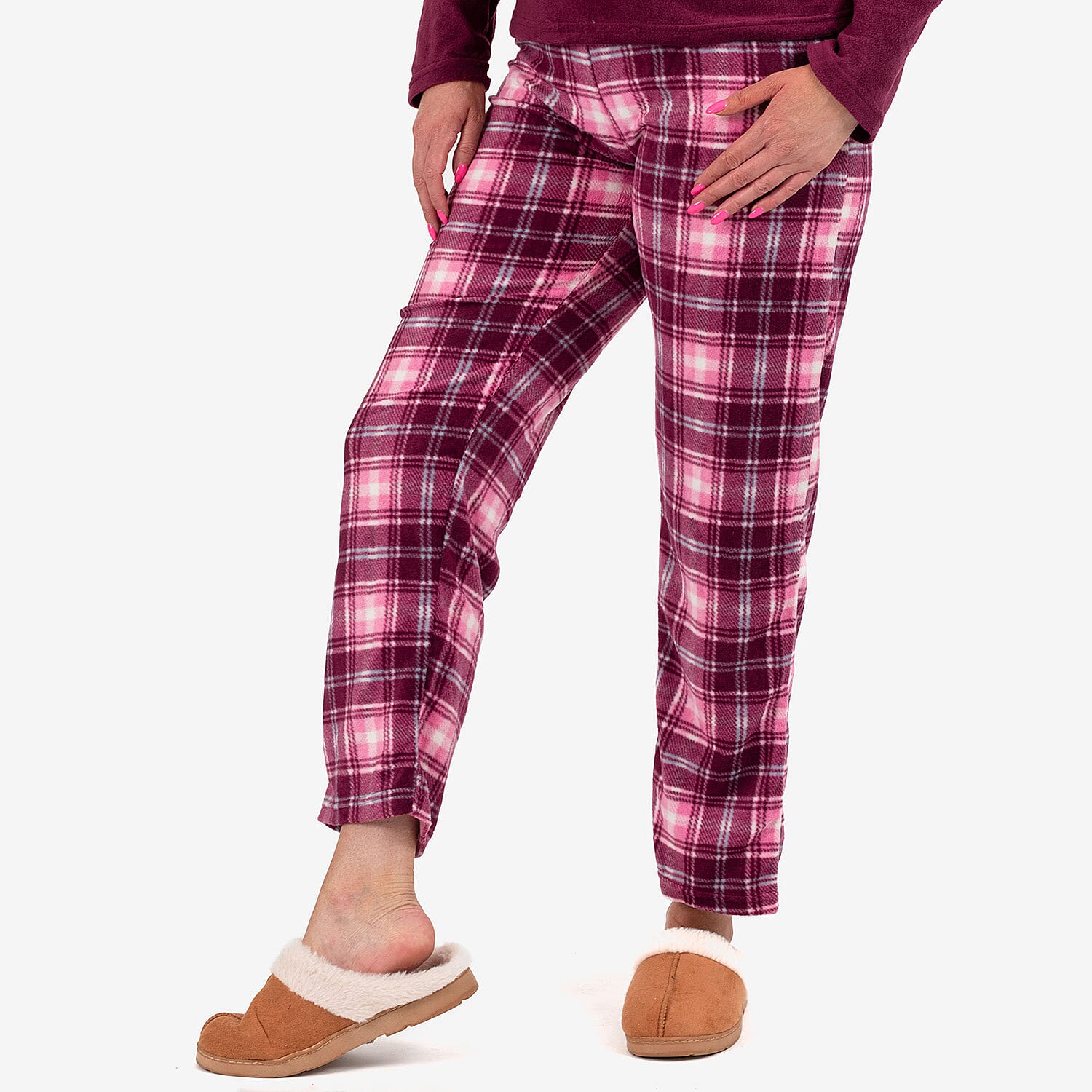 Ladies Fleece V-Nack Top & Printed Check Lounge Pants Set (Size L) - Purple