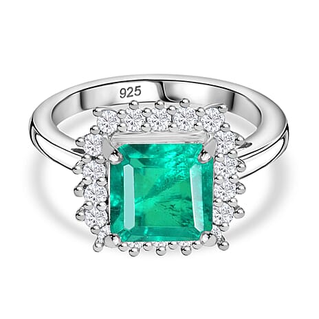 Emeraldine Triplet Quartz & White Zircon Ring in Rhodium Overlay Sterling Silver 3.74 Ct.