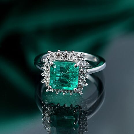 Emeraldine Triplet Quartz & White Zircon Ring in Rhodium Overlay Sterling Silver 3.74 Ct.