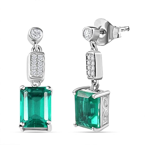 Emeraldine Triplet Quartz & White Zircon Dangling Earring with Push Back in Rhodium Overlay Sterling Silver 3.64 Ct.
