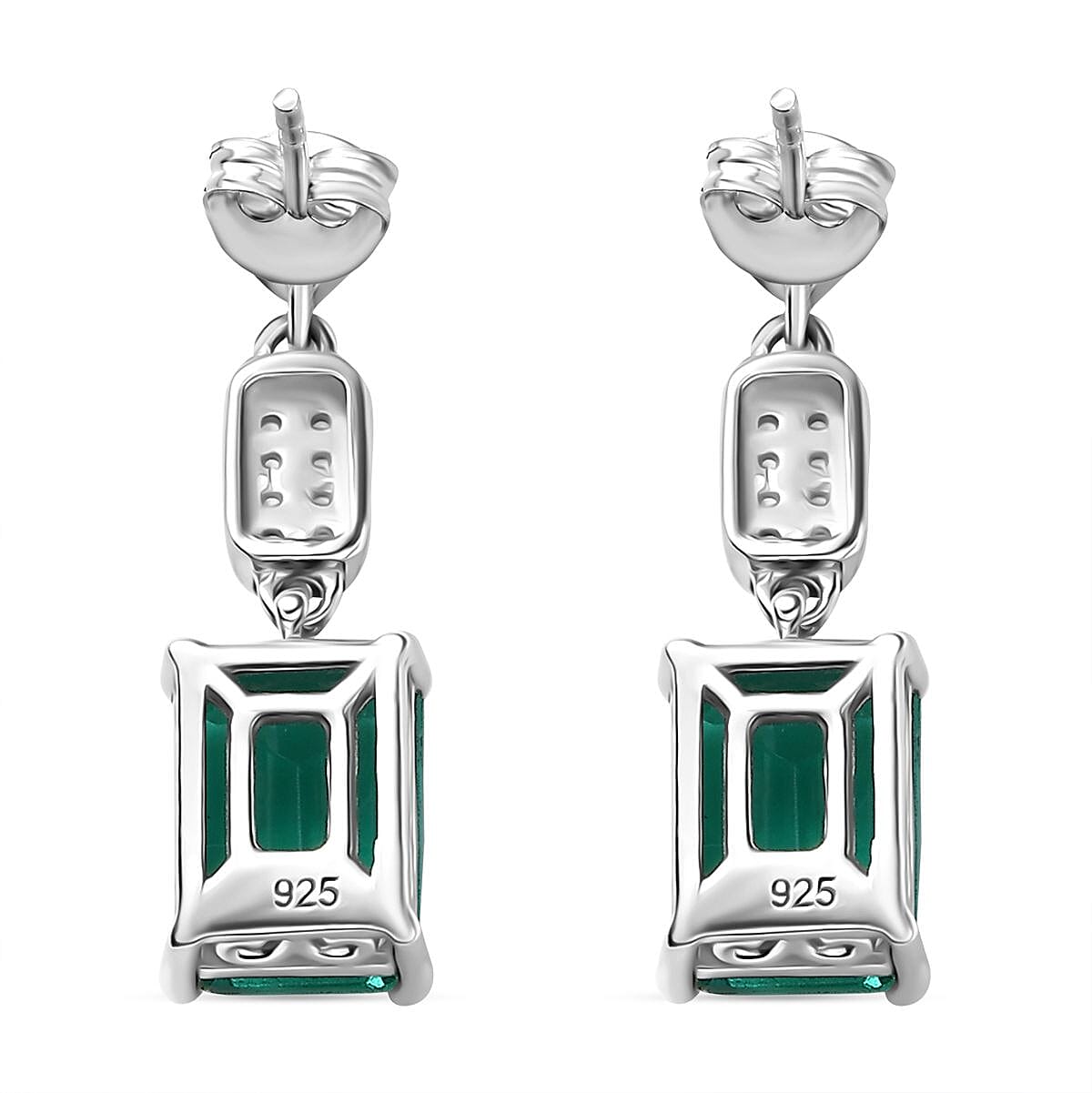 Emeraldine Triplet Quartz & White Zircon Dangling Earring with Push Back in Rhodium Overlay Sterling Silver 3.64 Ct. Emeraldine Triplet Quartz & White Zircon Dangling Earring with Push Back in Rhodium Overlay Sterling Silver 3.64 Ct.