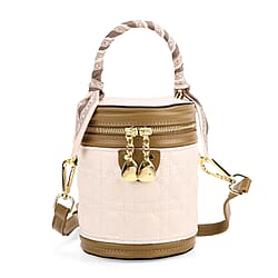Designer Inspired Two Tone Crossbody Scarf Bucket Bag with Detachable Shoulder Strap - White with Dark Olive Green