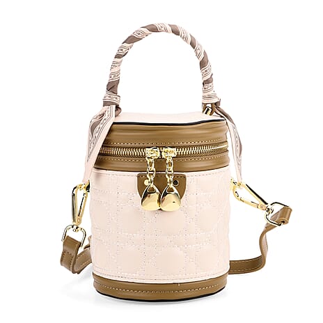 Designer Inspired Two Tone Crossbody Scarf Bucket Bag with Detachable Shoulder Strap - White with Dark Olive Green