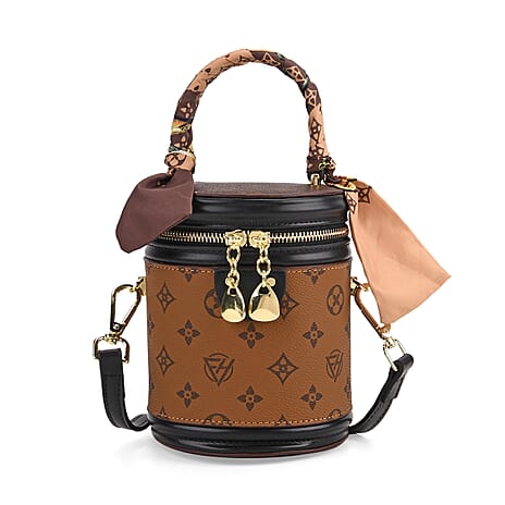 Designer Inspired - Two Tone Crossbody Scarf Bucket Bag with Detachable Shoulder Strap - Brown & Black