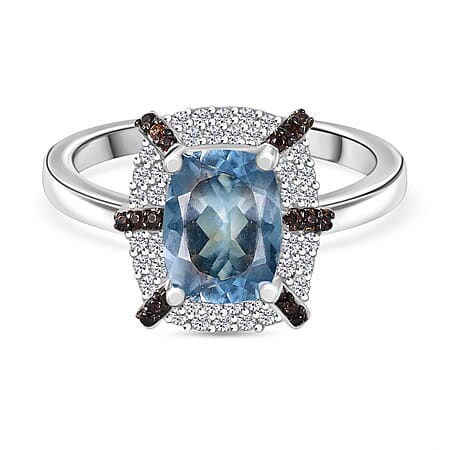 Aquamarine, White Zircon & Coffee Zircon Ring in Rhodium Overlay Sterling Silver 1.69 Ct.