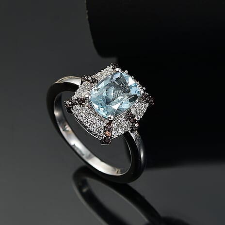 Aquamarine, White Zircon & Coffee Zircon Ring in Rhodium Overlay Sterling Silver 1.69 Ct.
