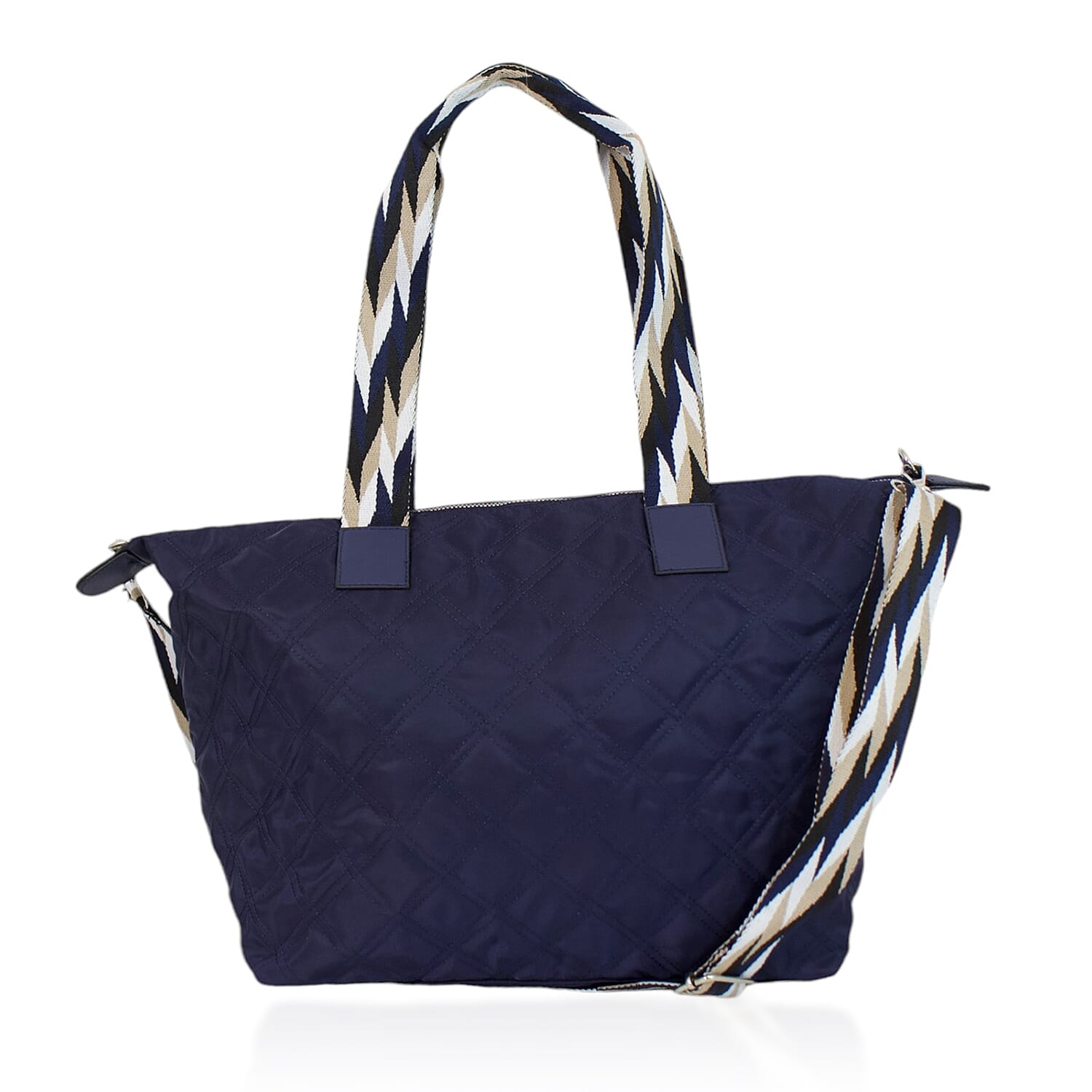 One Time Designer Closeout Deal - Diamond Pattern Quilted Tote Bag with Additional Adjustable Crossbody Strap - Navy