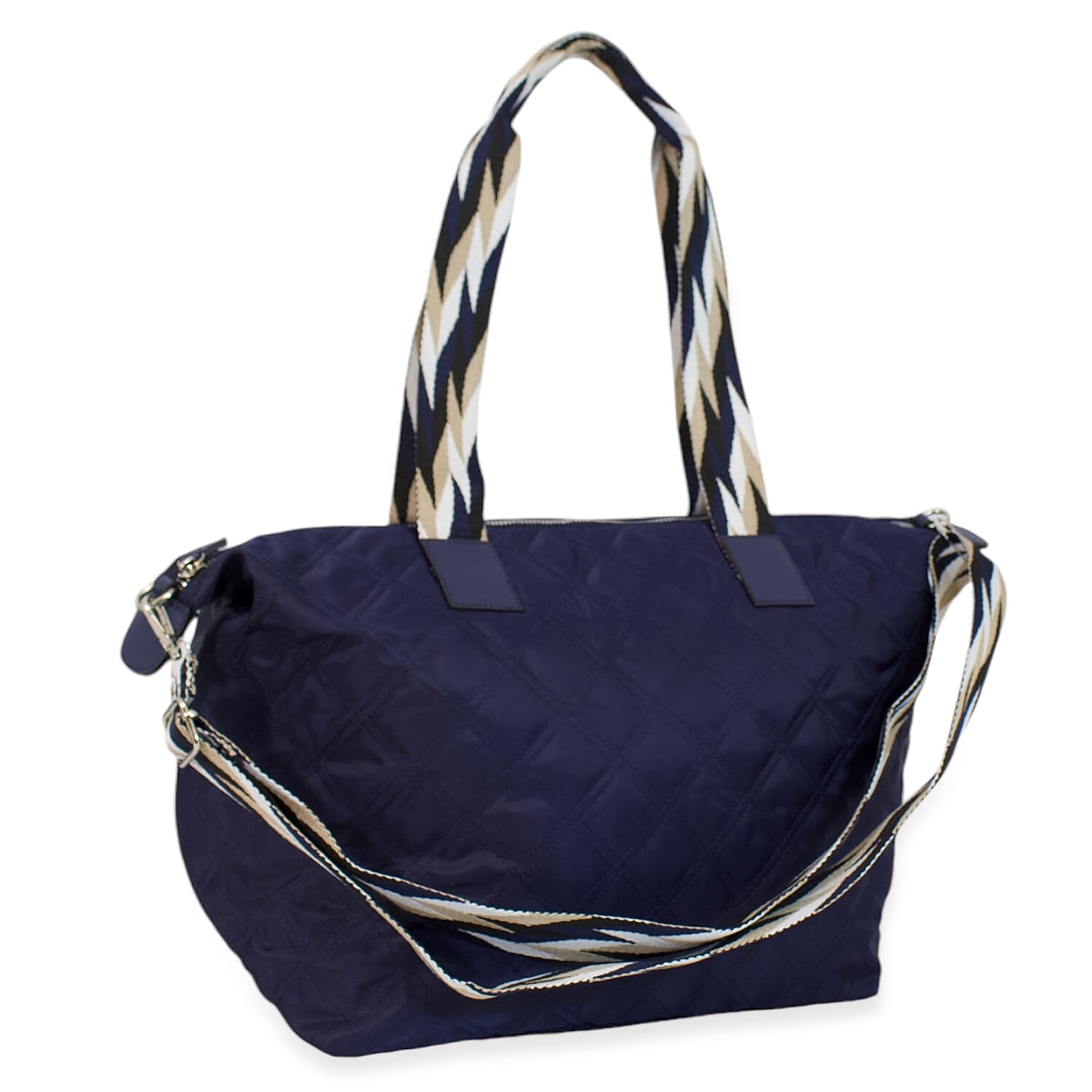 One Time Designer Closeout Deal - Diamond Pattern Quilted Tote Bag with Additional Adjustable Crossbody Strap - Navy