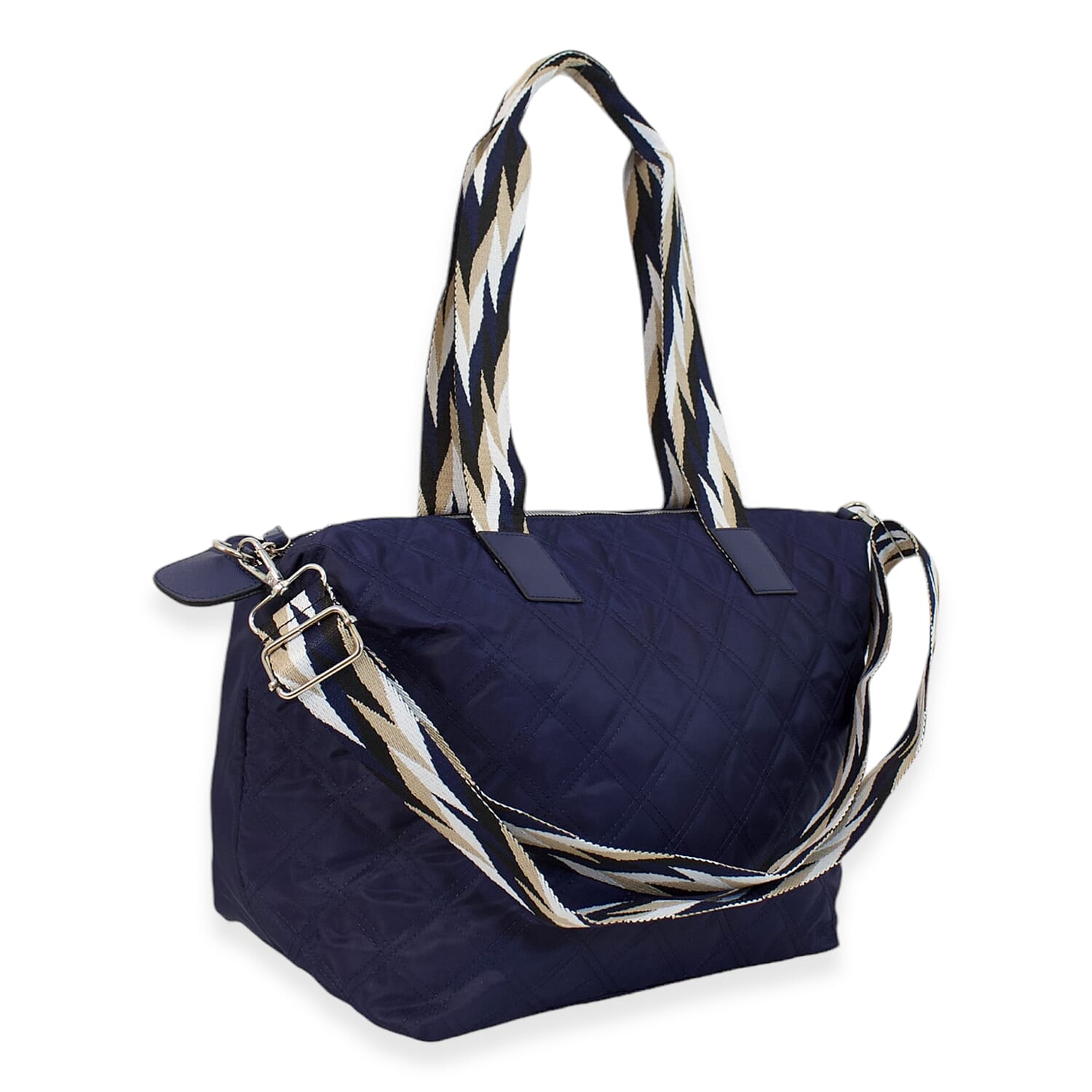 One Time Designer Closeout Deal - Diamond Pattern Quilted Tote Bag with Additional Adjustable Crossbody Strap - Navy