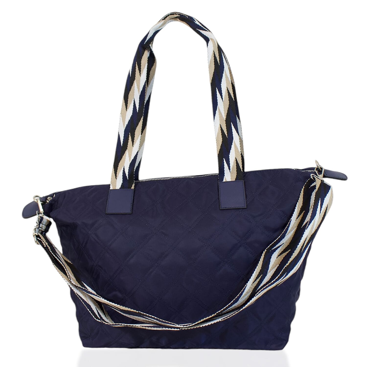 One Time Designer Closeout Deal - Diamond Pattern Quilted Tote Bag with Additional Adjustable Crossbody Strap - Navy