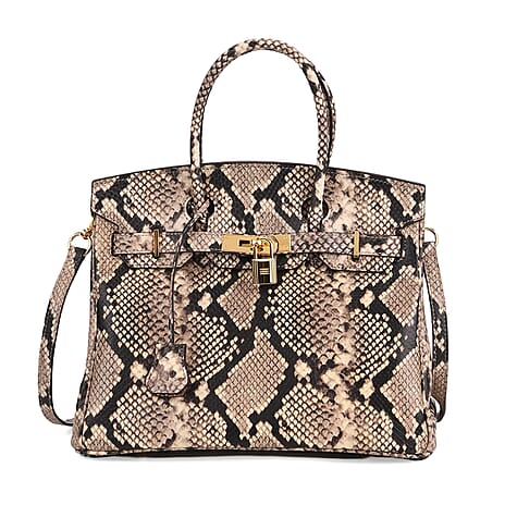 Genuine Leather Snakeskin Pattern Crossbody Bag with Top Handle - Beige & Black