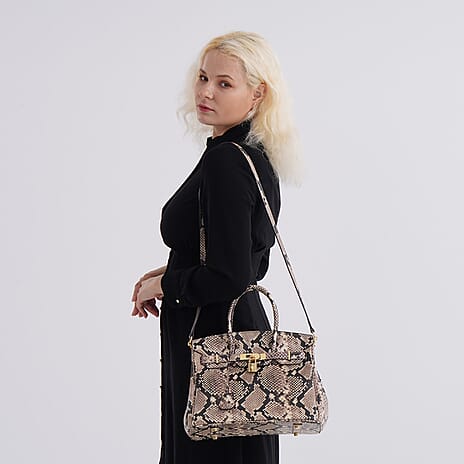 Genuine Leather Snakeskin Pattern Crossbody Bag with Top Handle - Beige & Black