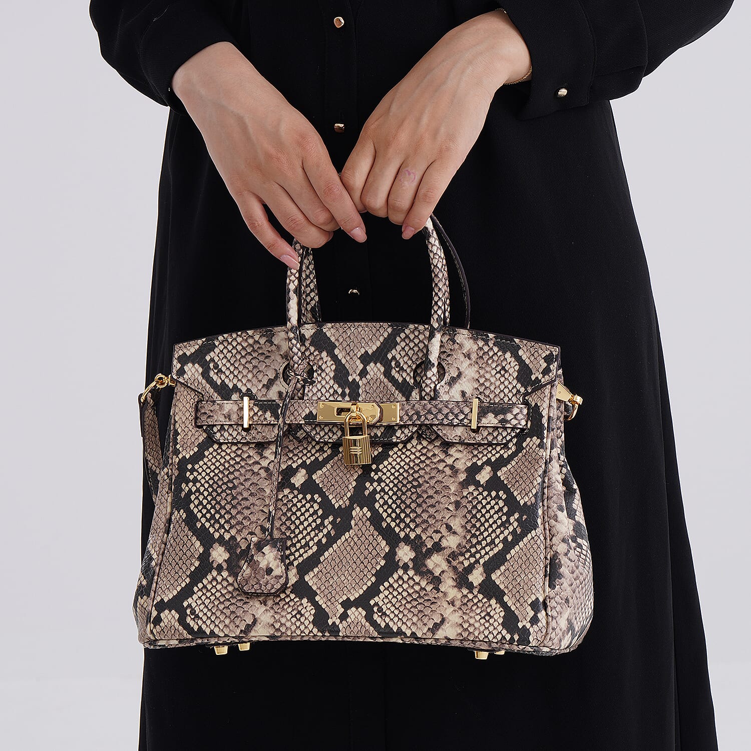 Genuine Leather Snakeskin Pattern Crossbody Bag with Top Handle - Beige & Black