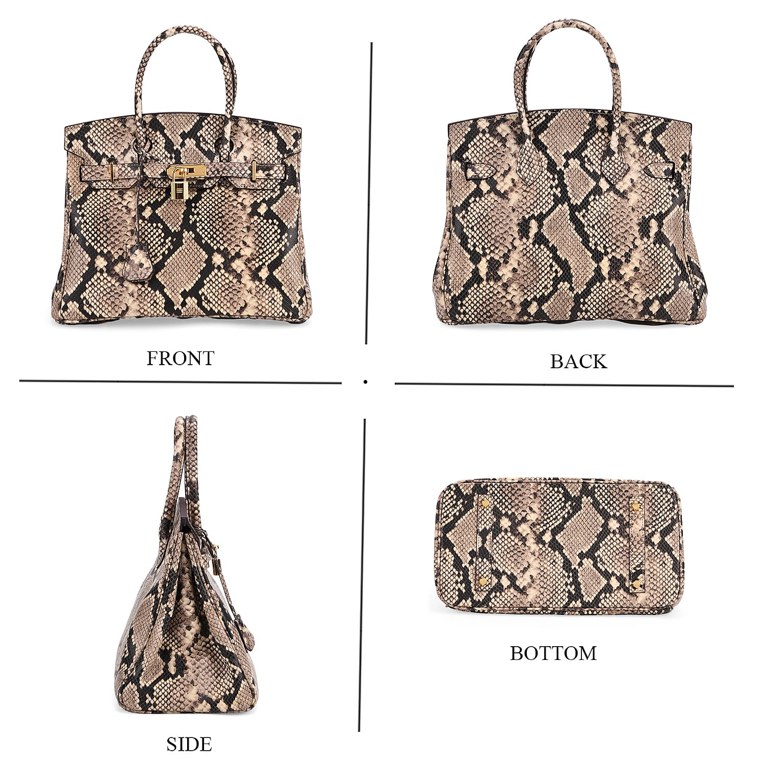 Genuine Leather Snakeskin Pattern Crossbody Bag with Top Handle - Beige & Black