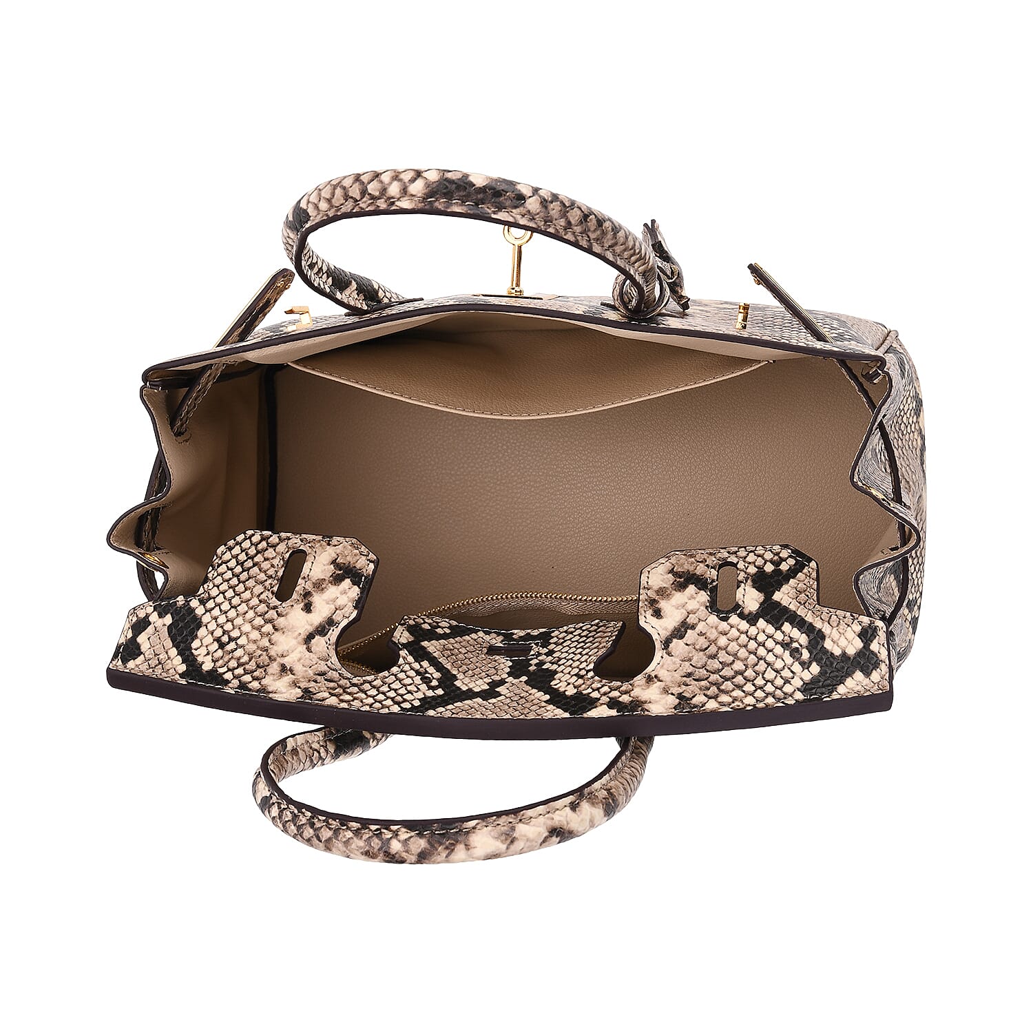 Genuine Leather Snakeskin Pattern Crossbody Bag with Top Handle - Beige & Black